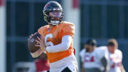 Aug 8, 2023; Tampa, FL, USA;  Tampa Bay Buccaneers quarterback Baker Mayfield (6) participates in training camp at AdventHealth Training Center. Mandatory Credit: Nathan Ray Seebeck-USA TODAY Sports