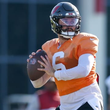 Aug 8, 2023; Tampa, FL, USA;  Tampa Bay Buccaneers quarterback Baker Mayfield (6) participates in training camp at AdventHealth Training Center. Mandatory Credit: Nathan Ray Seebeck-USA TODAY Sports