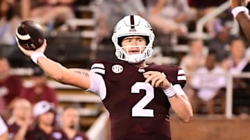 Aug 31, 2024; Starkville, Mississippi, USA; Mississippi State Bulldogs quarterback Blake Shapen (2) makes a pass against the Eastern Kentucky Colonels during the third quarter at Davis Wade Stadium at Scott Field. Mandatory Credit: Matt Bush-USA TODAY Sports