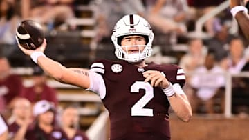 Aug 31, 2024; Starkville, Mississippi, USA; Mississippi State Bulldogs quarterback Blake Shapen (2) makes a pass against the Eastern Kentucky Colonels during the third quarter at Davis Wade Stadium at Scott Field. Mandatory Credit: Matt Bush-Imagn Images