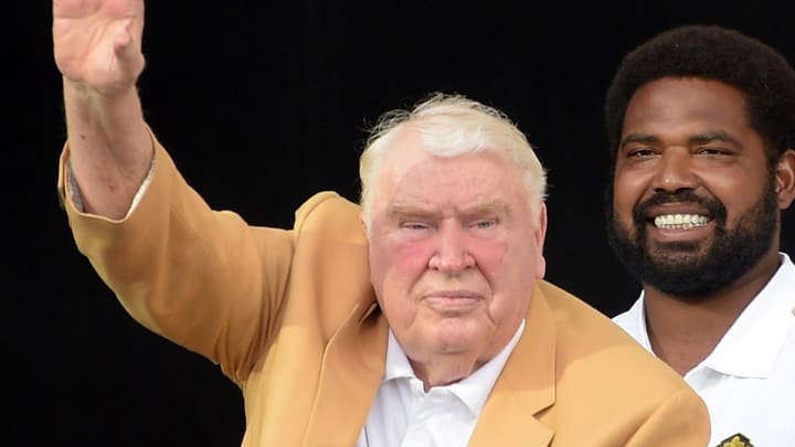 Aug 8, 2015; Canton, OH, USA; John Madden (left) and Jonathan Ogden during the 2015 Pro Football Hall of Fame enshrinement at Tom Benson Hall of Fame Stadium. Mandatory Credit: Kirby Lee-USA TODAY Sports