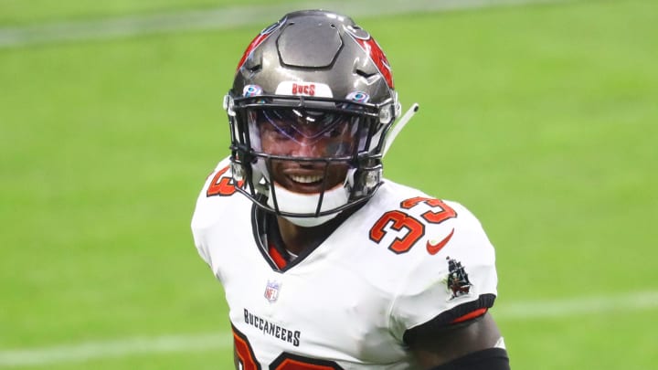 Oct 25, 2020; Paradise, Nevada, USA; Tampa Bay Buccaneers safety Jordan Whitehead (33) against the Las Vegas Raiders at Allegiant Stadium. Mandatory Credit: Mark J. Rebilas-USA TODAY Sports