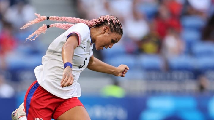 [US, Mexico & Canada customers only]  Aug 6, 2024; Decines-Charpieu, France; Trinity Rodman of the United States in action against Germany in a women's football semifinal match during the Paris 2024 Olympic Summer Games at Lyon Stadium. Mandatory Credit: Nir Elias/Reuters via USA TODAY Sports