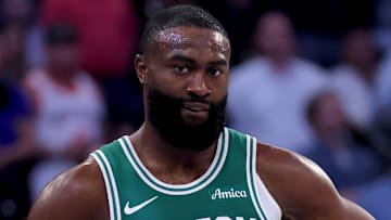 May 16, 2025; New York, New York, USA; Boston Celtics guard Jaylen Brown (7) reacts during the second quarter of game six in the second round of the 2025 NBA Playoffs against the New York Knicks at Madison Square Garden. Mandatory Credit: Brad Penner-Imagn Images