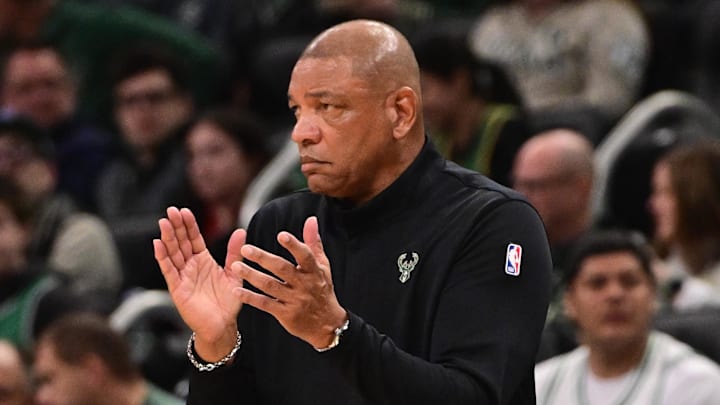 Milwaukee Bucks head coach Doc Rivers reacts against the Boston Celtics at Fiserv Forum on April 3, 2026.