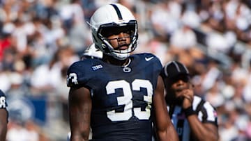 Penn State defensive end Dani Dennis-Sutton (33) in the first half of an NCAA football game against Nevada, Saturday, August 30, 2025, in State College, Pa.