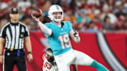 Aug 23, 2024; Tampa, Florida, USA; Miami Dolphins quarterback Skylar Thompson (19) throws the ball against the Tampa Bay Buccaneers in the second quarter during preseason at Raymond James Stadium. Mandatory Credit: Nathan Ray Seebeck-Imagn Images