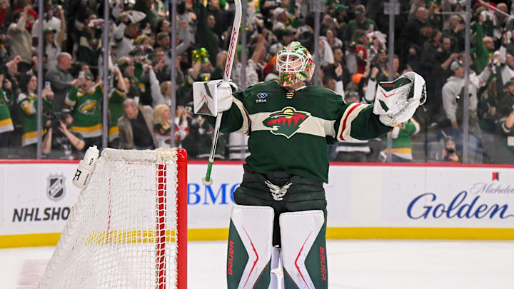 Apr 30, 2026; Saint Paul, Minnesota, USA; Minnesota Wild goalie Jesper Wallstedt (30) celebrates a series win against the Dallas Stars after game six of the first round of the 2026 Stanley Cup Playoffs at Grand Casino Arena. Mandatory Credit: Nick Wosika-Imagn Images