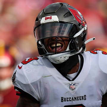 Sep 8, 2024; Tampa, Florida, USA; Tampa Bay Buccaneers safety Jordan Whitehead (3) reacts after a play against the Washington Commanders in the third quarter at Raymond James Stadium. Mandatory Credit: Nathan Ray Seebeck-Imagn Images