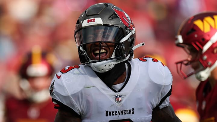 Sep 8, 2024; Tampa, Florida, USA; Tampa Bay Buccaneers safety Jordan Whitehead (3) reacts after a play against the Washington Commanders in the third quarter at Raymond James Stadium. Mandatory Credit: Nathan Ray Seebeck-Imagn Images