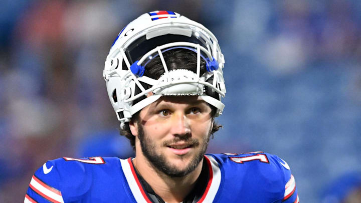 Sep 18, 2025; Orchard Park, New York, USA; Buffalo Bills quarterback Josh Allen (17) looks on before the game against the Miami Dolphins at Highmark Stadium. Mandatory Credit: Mark Konezny-Imagn Images
