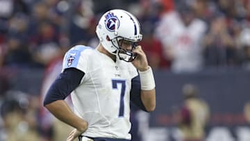 Nov 1, 2015; Houston, TX, USA; Tennessee Titans quarterback Zach Mettenberger (7) walks off the field after a play during the fourth quarter against the Houston Texans at NRG Stadium. Mandatory Credit: Troy Taormina-Imagn Images