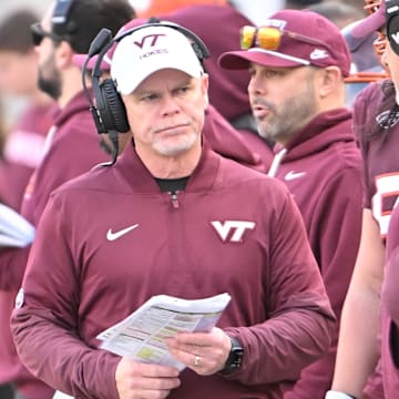 Nov 1, 2025; Blacksburg, Virginia, USA; Virginia Tech Hokies coach Phillip Montgomery during the third quarter at Lane Stadium. Mandatory Credit: Brian Bishop-Imagn Images