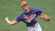 Jun 1, 2024; Clemson, South Carolina, USA; Clemson Tigers pitcher Lucas Mahlstedt (47) throws against the Coastal Carolina Chanticleers during the eighth inning in the Clemson Regional at Doug Kingsmore Stadium. 