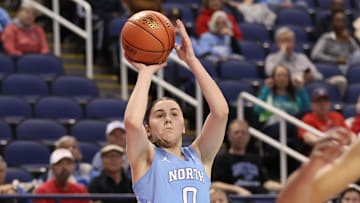 Mar 7, 2025; Greensboro, NC, USA;  North Carolina Tar Heels guard Lanie Grant (0) makes a 3 point shot against \Florida State Seminoles during the second quarter at First Horizon Coliseum. Mandatory Credit: Cory Knowlton-Imagn Images