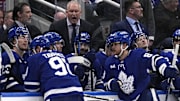 May 5, 2025; Toronto, Ontario, CAN; Toronto Maple Leafs head coach Craig Berube (center) talks to his players after a Florida Panthers goal during the third period of game one of the second round of the 2025 Stanley Cup Playoffs at Scotiabank Arena. Mandatory Credit: John E. Sokolowski-Imagn Images