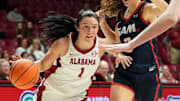 Nov 18, 2025; Tuscaloosa, Alabama, USA; Alabama guard Ace Austin (1) drives the ball against Samford guard Kaylee Yarbrough (3) at Coleman Coliseum.