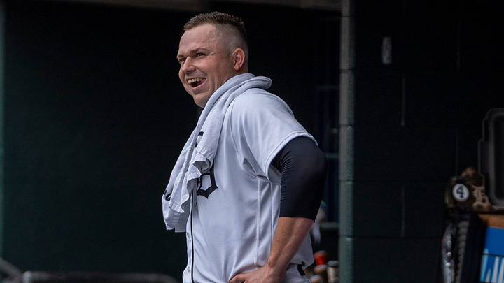 Detroit Tigers starting pitcher Tarik Skubal (29) smiles as he stands in the dugout alongside Justin Verlander during their game against the Baltimore Orioles at Comerica Park in Detroit on Wednesday, July 29, 2026.