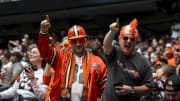 Jan 13, 2024; Houston, Texas, USA; Cleveland Browns fans during the first quarter in a 2024 AFC wild card game at NRG Stadium. Mandatory Credit: Thomas Shea-USA TODAY Sports