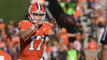 Sep 9, 2023; Clemson, South Carolina, USA;  Clemson quarterback Christopher Vizzina (17) takes a snap during the fourth quarter of the game with Charleston Southern at Memorial Stadium. Mandatory Credit: Ken Ruinard-Imagn Images