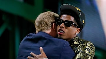 Wide receiver Matthew Golden embraces Green Bay Packers President and CEO Mark Murphy after the Packers select him with the 23rd pick during the first round of the 2025 NFL Draft on Thursday, April 24, 2025, at Lambeau Field in Green Bay, Wisconsin. The draft runs through April 26.
Tork Mason/USA TODAY NETWORK-Wisconsin