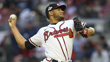 Apr 11, 2022; Atlanta, Georgia, USA; Atlanta Braves starting pitcher Huascar Ynoa (19) throws a pitch against the Washington Nationals in the first inning at Truist Park. Mandatory Credit: Brett Davis-Imagn Images
