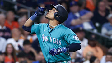 Sep 24, 2024; Houston, Texas, USA; Seattle Mariners second baseman Jorge Polanco (7) reacts to his home run against the Houston Astros in the second inning at Minute Maid Park. Mandatory Credit: Thomas Shea-Imagn Images