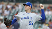 Apr 18, 2025; Detroit, Michigan, USA; Kansas City Royals pitcher Cole Ragans (55) throws during the first inning against the Detroit Tigers at Comerica Park. Mandatory Credit: Brian Bradshaw Sevald-Imagn Images