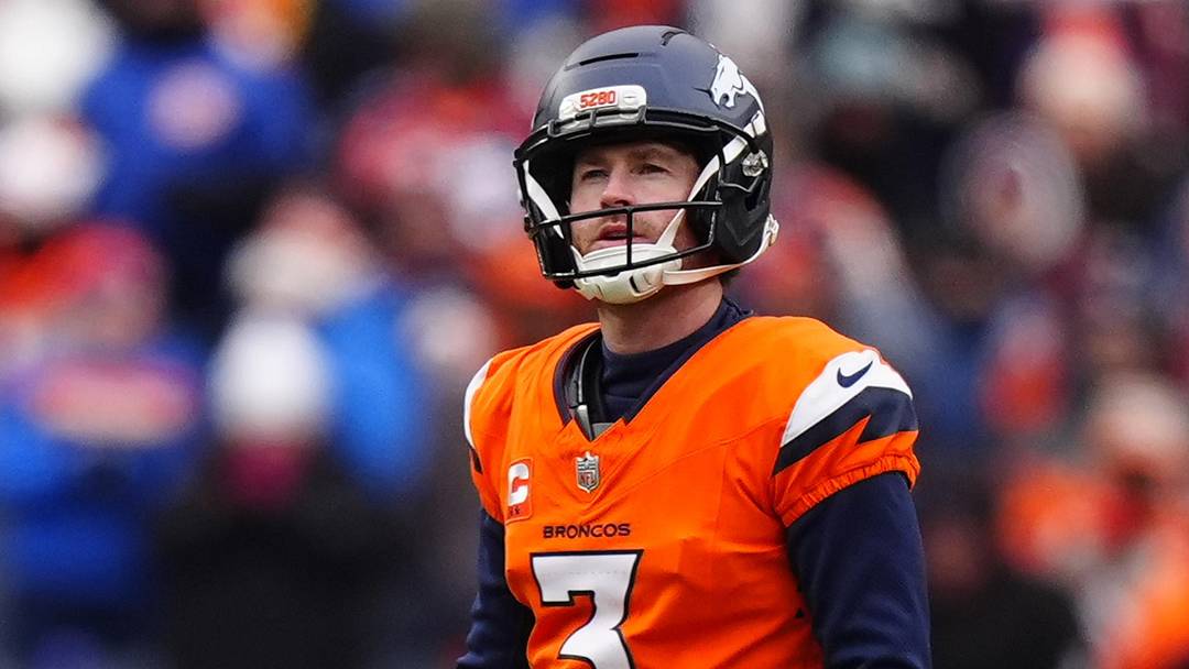 Jan 25, 2026; Denver, CO, USA; Denver Broncos place kicker Wil Lutz (3) prepares to kick a field goal against the New England Patriots during the first half in the 2026 AFC Championship Game at Empower Field at Mile High. Mandatory Credit: Ron Chenoy-Imagn Images