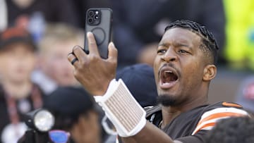 Oct 27, 2024; Cleveland, Ohio, USA; Cleveland Browns quarterback Jameis Winston (5) takes a selfie after defeating the Baltimore Ravens at Huntington Bank Field. Mandatory Credit: Scott Galvin-Imagn Images