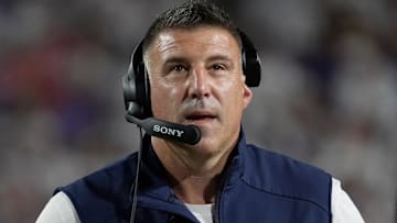 New England Patriots head coach Mike Vrabel looks at the score during first half action at Highmark Stadium in Orchard Park on Oct. 5, 2025.