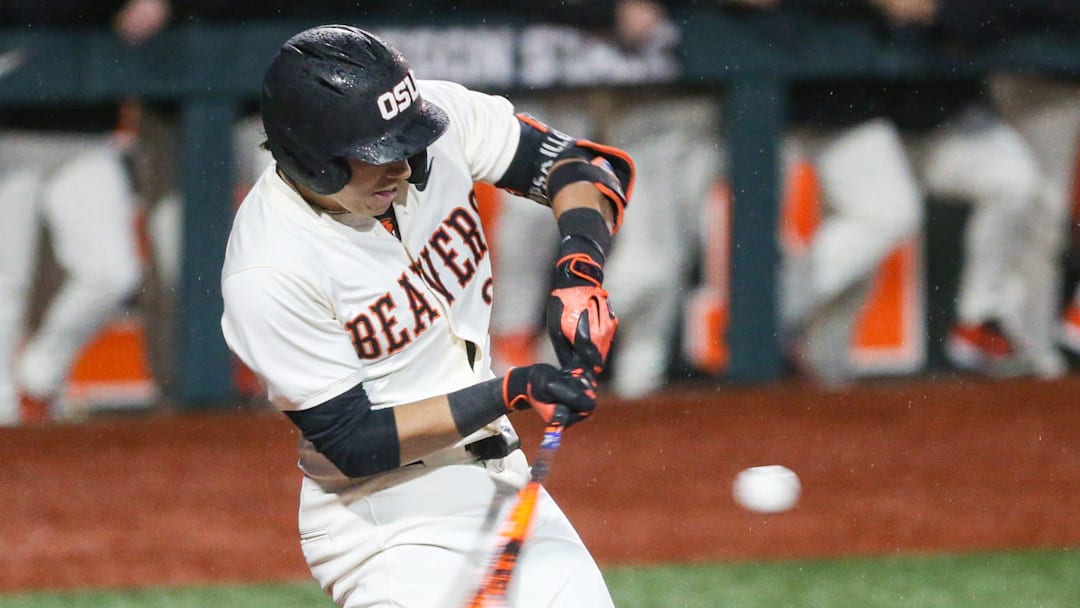 Oregon State's Josh Proctor swings the bat during an NCAA college baseball game at Goss Stadium on Friday, March 6, 2026, in Corvallis, Ore.
