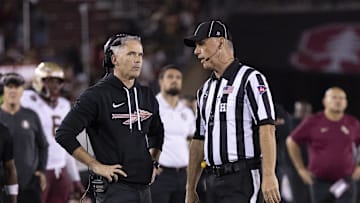Oct 18, 2025; Stanford, California, USA;  Florida State Seminoles head coach Mike Norvell reacts to the conversation with the referee during the fourth quarter against the Stanford Cardinal at Stanford Stadium. Mandatory Credit: Stan Szeto-Imagn Images
