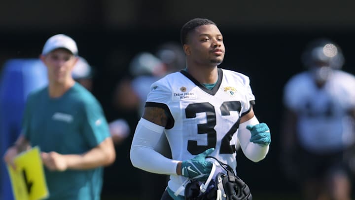 Jacksonville Jaguars cornerback Tyson Campbell (32) on the field during the fifth day of the NFL football training camp practice session Monday, July 29, 2024 at EverBank Stadium's Miller Electric Center in Jacksonville, Fla..