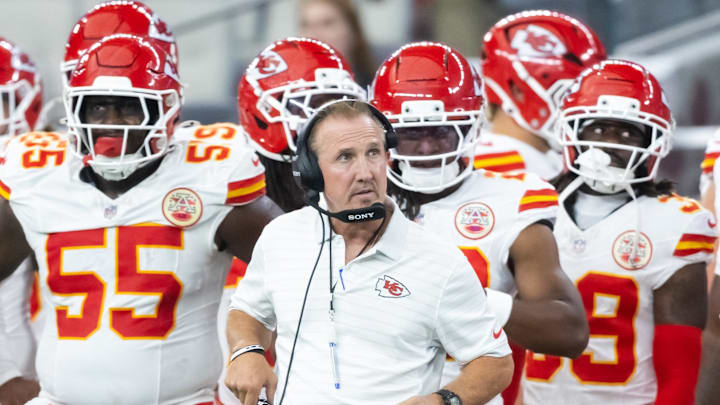 Aug 9, 2025; Glendale, Arizona, USA; Kansas City Chiefs defensive coordinator Steve Spagnuolo against the Arizona Cardinals during a preseason NFL game at State Farm Stadium. Mandatory Credit: Mark J. Rebilas-Imagn Images