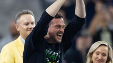 Jan 1, 2024; Glendale, AZ, USA; Oregon Ducks head coach Dan Lanning celebrates with the trophy after defeating the Liberty Flames during the 2024 Fiesta Bowl at State Farm Stadium. Mandatory Credit: Mark J. Rebilas-USA TODAY Sports