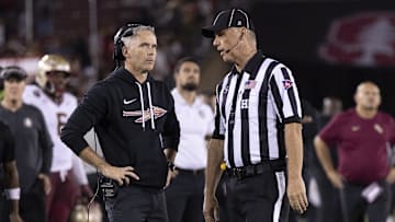 Oct 18, 2025; Stanford, California, USA;  Florida State Seminoles head coach Mike Norvell reacts to the conversation with the referee during the fourth quarter against the Stanford Cardinal at Stanford Stadium. Mandatory Credit: Stan Szeto-Imagn Images