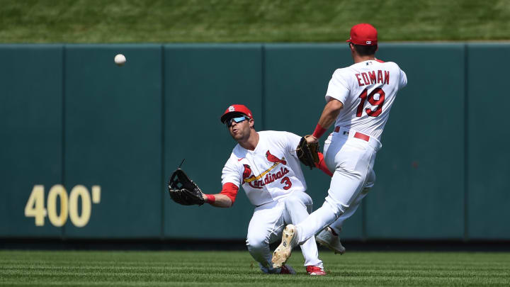 May 12, 2022; St. Louis, Missouri, USA; St. Louis Cardinals center fielder Dylan Carlson (3) catching a fly ball hit by the Baltimore Orioles during the eighth inning at Busch Stadium. Mandatory Credit: Joe Puetz-USA TODAY Sports