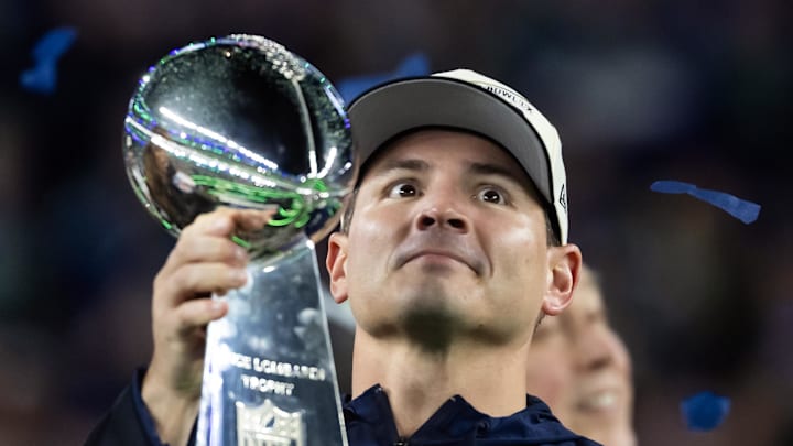 Seattle Seahawks head coach Mike Macdonald celebrates
