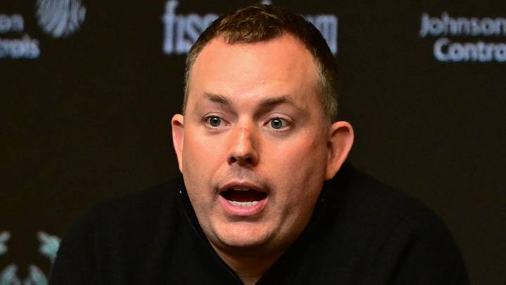 Milwaukee Bucks general manager Jon Horst address the media after head coach Adrian Griffin (not pictured) was dismissed at Fiserv Forum on January 24, 2024.