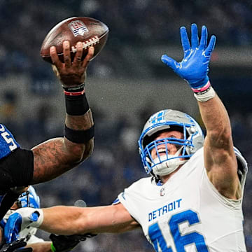 Detroit Lions linebacker Jack Campbell (46) pressures Indianapolis Colts quarterback Anthony Richardson (5) during the first half at Lucas Oil Stadium in Indianapolis, Ind. on Sunday, Nov. 24, 2024.