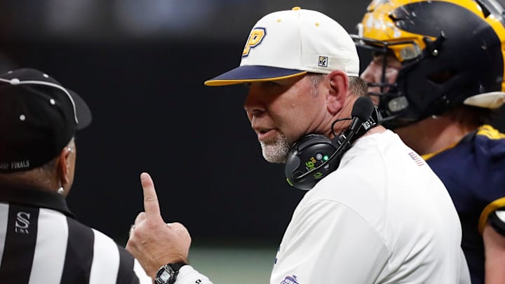 Prince Avenue coach Greg Vandagriff speak with the ref during the GHSA high school football Class A-Division 1 championship game against Swainsboro at Mercedes-Benz Stadium in Atlanta, on Monday, Dec. 11, 2023. Prince Avenue coach Greg Vandagriff speak with the ref during the GHSA high school football Class A-Division 1 championship game against Swainsboro at Mercedes-Benz Stadium in Atlanta, on Monday, Dec. 11, 2023.