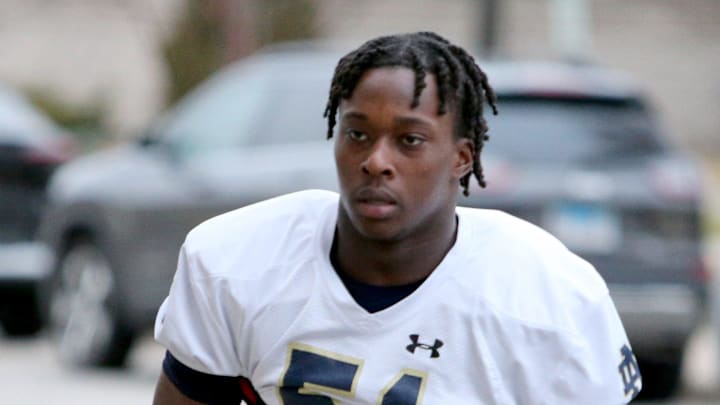 Notre Dame defensive end Boubacar Traore (51) at Notre Dame spring football practice Thursday, March 7, 2024, at the Irish Athletics Center in South Bend.