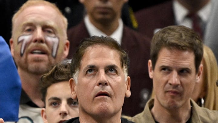 Feb 8, 2025; Dallas, Texas, USA; Mark Cuban watches the game between the Dallas Mavericks and the Houston Rockets at the American Airlines Center. Mandatory Credit: Jerome Miron-Imagn Images