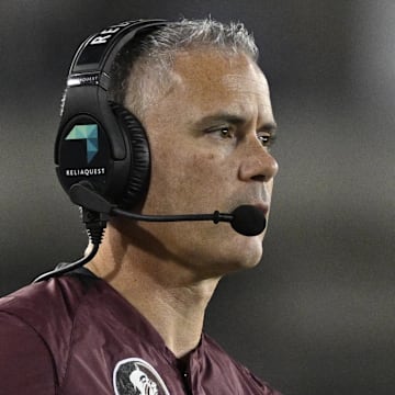 Sep 28, 2024; Dallas, Texas, USA; Florida State Seminoles head coach Mike Norvell during the game between the Southern Methodist Mustangs and the Florida State Seminoles at Gerald J. Ford Stadium. Mandatory Credit: Jerome Miron-Imagn Images