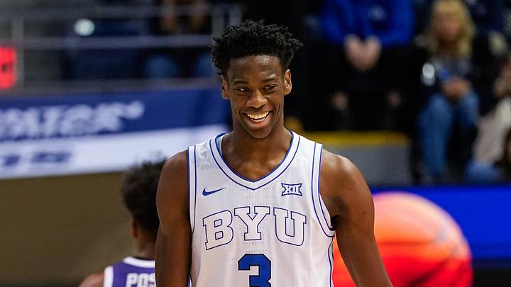 Jan 14, 2026; Provo, Utah, USA; BYU Cougars forward AJ Dybantsa (3) reacts during the second half against the TCU Horned Frogs at Marriott Center. Mandatory Credit: Aaron Baker-Imagn Images