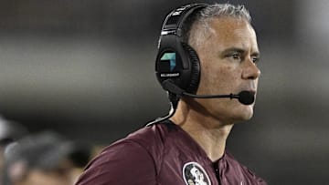 Sep 28, 2024; Dallas, Texas, USA; Florida State Seminoles head coach Mike Norvell during the game between the Southern Methodist Mustangs and the Florida State Seminoles at Gerald J. Ford Stadium. Mandatory Credit: Jerome Miron-Imagn Images