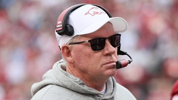 Nov 2, 2024; Fayetteville, Arkansas, USA; Arkansas Razorbacks offensive coordinator Bobby Petrino during the first quarter against the Ole Miss Rebels at Donald W. Reynolds Razorback Stadium. Mandatory Credit: Nelson Chenault-Imagn Images