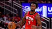 Oct 27, 2025; Houston, Texas, USA; Houston Rockets forward Tari Eason (17) handles the ball against the Brooklyn Nets during the second quarter at Toyota Center. Mandatory Credit: Erik Williams-Imagn Images
