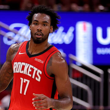 Oct 27, 2025; Houston, Texas, USA; Houston Rockets forward Tari Eason (17) handles the ball against the Brooklyn Nets during the second quarter at Toyota Center. Mandatory Credit: Erik Williams-Imagn Images
